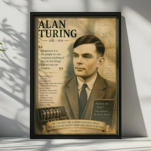 Poster con il ritratto di Alan Turing, pioniere dell'informatica, con citazione motivazionale.