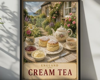 Può includere: Una stampa incorniciata intitolata ENGLAND CREAM TEA che mostra una scena in giardino con una teiera, due scones, una tazza di tè, marmellata e panna su un tavolo rotondo. Lo sfondo mostra un cottage in pietra con rose e vista mare.