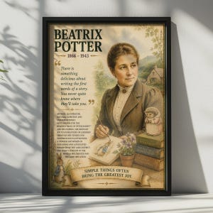 Könnte beinhalten: Ein gerahmtes Poster mit einem Porträt von Beatrix Potter, Text über ihr Leben und Illustrationen von Peter Rabbit. Der Text enthält Zitate und biografische Angaben. Die Farbpalette ist gedämpft mit Sepia-, Grün- und Brauntönen.