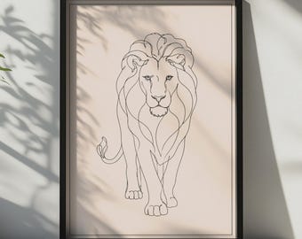 Lion Continuous Line Art Poster, Minimalist Wildlife Wall Art, Beige Print