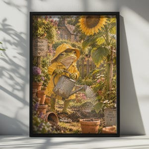 Grumpy Frog Gardening Poster, Gul Regnrock, Cottagecore Humor Print