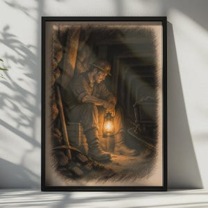 May include: A framed wall art print depicting a coal miner wearing a hard hat and work clothes, sitting in a dark mine tunnel. The miner holds a glowing lantern that illuminates the surroundings, with a pickaxe leaning against a wooden support beam.