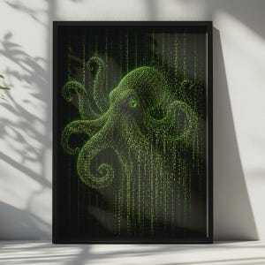 May include: A framed rectangular wall art print featuring a digital illustration of an octopus composed of glowing green binary code and data streams against a solid black background, encased in a simple black frame with a clean edge.