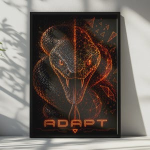 May include: A framed rectangular wall art print featuring a split-design snake. The left side shows a realistic black snake with glowing orange eyes, while the right side displays a geometric wireframe version. The word ADAPT is printed in orange.