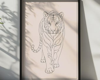 Tiger Line Art Poster, Minimalist Wild Cat Wall Art, Blush Pink Animal Print