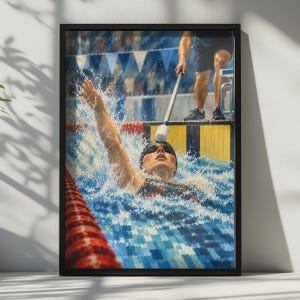 Peut inclure: Une impression d'art mural encadrée représentant un nageur dans une piscine effectuant un dos crawlé. Le nageur porte des lunettes et un bonnet, avec de l'eau qui éclabousse. Un entraîneur se tient sur le bord de la piscine avec une perche.