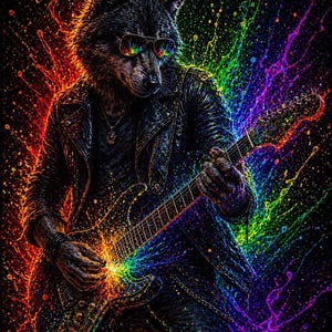 Könnte beinhalten: Digitales Kunstwerk eines Wolfes mit Sonnenbrille und Lederjacke, der eine E-Gitarre spielt. Das Bild ist lebendig mit Regenbogenfarben und einem schwarzen Hintergrund, was einen psychedelischen Effekt erzeugt.