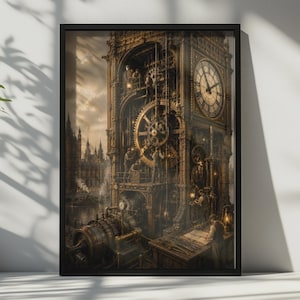 May include: A framed wall art print depicting a detailed steampunk-style clock tower interior with large brass gears, intricate mechanical components, and figures working on the machinery. The scene features a dark, sepia-toned color palette.