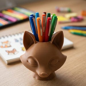 May include: A brown fox-shaped pen holder containing various coloured pens. The pen holder is on a wooden surface. A notebook with fox illustrations is in the background. The fox has closed eyes, giving it a calm appearance.