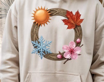 Four Seasons Winter Clothing Hoodie, Cozy Long Sleeve Sweatshirt, Warm Autumn Pullover Jumper, 4 Seasons Nature Graphic, Aesthetic Botanical