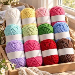 May include: A collection of twelve yarn skeins arranged in a wooden tray. The skeins feature a variety of colors including white, yellow, light pink, magenta, light blue, lime green, forest green, blue, lavender, hot pink, red, and brown.