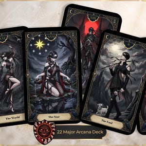 May include: A set of tarot cards featuring dark, gothic-style illustrations. Visible cards include The World, The Star, The Fool, and Wheel of Fortune. Each card has a black border with gold accents, Roman numerals, and a label at the bottom.