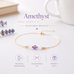 Amethyst Rose Quartz Moonstone Adjustable Gemstone Bracelet