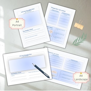 May include: A collection of A4 portrait and landscape printable mental health worksheets featuring sections titled Let your thoughts flow, Things that I can control, and The Reality Check, with a black pen resting on one sheet.
