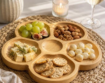 Wooden Snack Tray with Compartments, Charcuterie Board, Divided Serving Tray, Handmade Appetizer Tray, Fruit Cheese Platter