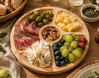 Tabla de embutidos personalizada, bandeja de servir de madera de doble cara, tabla de pizza de madera de haya, bandeja de aperitivos dividida (regalo)