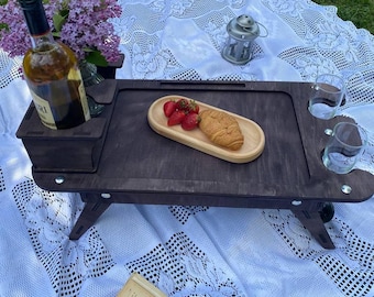 Houten dienbladtafel, ontbijt op bed dienblad met inklapbare poten, dienblad voor wijn, laptopblad, cadeau voor haar