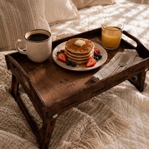May include: A wooden breakfast tray with a stack of pancakes topped with butter and syrup, served with strawberries and blueberries. A mug of coffee and a glass of orange juice complete the meal. The tray has the text "A.D. 1995".