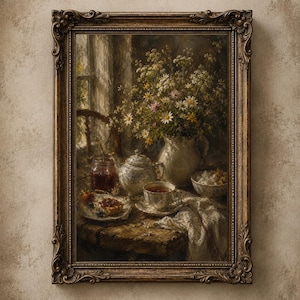 Op de afbeelding: Een ingelijst olieverfschilderij met een stilleven op een houten tafel, met een witte keramische theepot, een theekopje met schoteltje, een vaas met wilde bloemen, een pot rode jam en een bordje met gebak, geplaatst bij een raam.