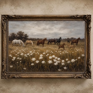 Puede incluir: Un cuadro de paisaje enmarcado que representa una manada de caballos en un campo de flores blancas bajo un cielo nublado. Los caballos son de varios colores, incluyendo blanco, beige, marrón y negro. El marco es ornamentado, de color bronce y rectangular.