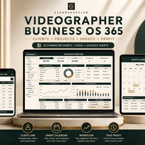 以下が含まれることがあります： Videographer Business OS 365と題されたビデオグラファー向けビジネス管理システム。ノートパソコン、タブレット、スマートフォンに表示されています。インターフェースには、顧客CRM、プロジェクト追跡、撮影カレンダー、利益概要のダッシュボードが含まれています。