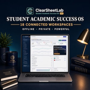 Op de afbeelding: Een laptop met het ClearSheetLab Student Academic Success OS dashboard met 18 verbonden werkruimtes. Het scherm toont academische statistieken, een studieritme-grafiek en een dagelijks plan.