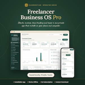 Może przedstawiać: Interfejs oprogramowania Freelancer Business OS Pro wyświetlony na monitorze komputera i smartfonie. Pulpit nawigacyjny zawiera centrum dowodzenia z danymi finansowymi, wykresami i narzędziami do śledzenia projektów. Tekst: Saved locally. Private. Yours.