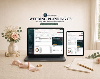 Può includere: Un portatile e un tablet che mostrano l'interfaccia ClearSheetLab Wedding Planning OS, con tracker di budget e dashboard di pianificazione. Il set include un vaso con rose rosa, un anello d'oro, un nastro e un taccuino con una penna.