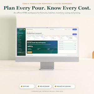 Puede incluir: Un monitor de computadora que muestra una interfaz digital de espacio de trabajo para la producción de velas con el texto Plan Every Pour. Know Every Cost. La pantalla muestra campos de datos para fórmulas, lotes, inventario y precios, con botones etiquetados como Offline, No Account y Private by Design.