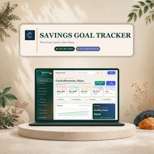 May include: A digital savings goal tracker displayed on a laptop screen, featuring a dashboard with financial metrics, a savings path graph, and a holiday fund section. The interface includes text labels like Savings Goal Tracker and No Subscription.