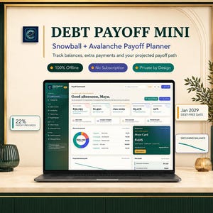 Könnte beinhalten: Ein Laptop mit dem Debt Payoff Mini, einem digitalen Planer für Schuldenabbau. Der Bildschirm zeigt Finanz-Dashboards, ein Kreisdiagramm und Fortschrittsanzeigen. Text beinhaltet: 100% Offline, No Subscription und Private by Design.