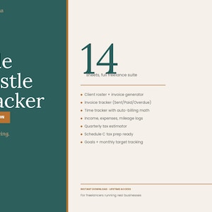 May include: Digital product titled "Side Hustle Tracker" with "PRO EDITION" text. The image lists features like invoice tracking, income tracking, and tax preparation. The background is a cream colour with a teal green vertical stripe on the left.