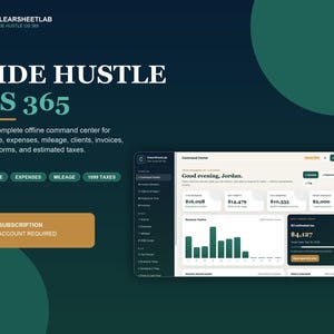 Op de afbeelding: Een digitaal dashboard getiteld Side Hustle OS 365 van ClearSheetLab. De interface toont een commandocentrum met financiële statistieken, waaronder YTD-omzet, nettowinst, belastingreserves en openstaande facturen, naast een staafdiagram.