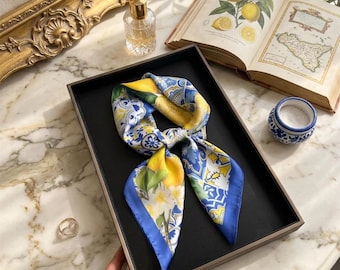 Pañuelo de satén con estampado de limones, hiyab cuadrado elegante, pañuelo para el cuello de mujer, bandana para el cabello