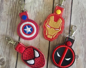 Superhero inspired keychain, Ironman, Captain America, Deadpool, Spiderman, backpack charm, keychain, luggage tag