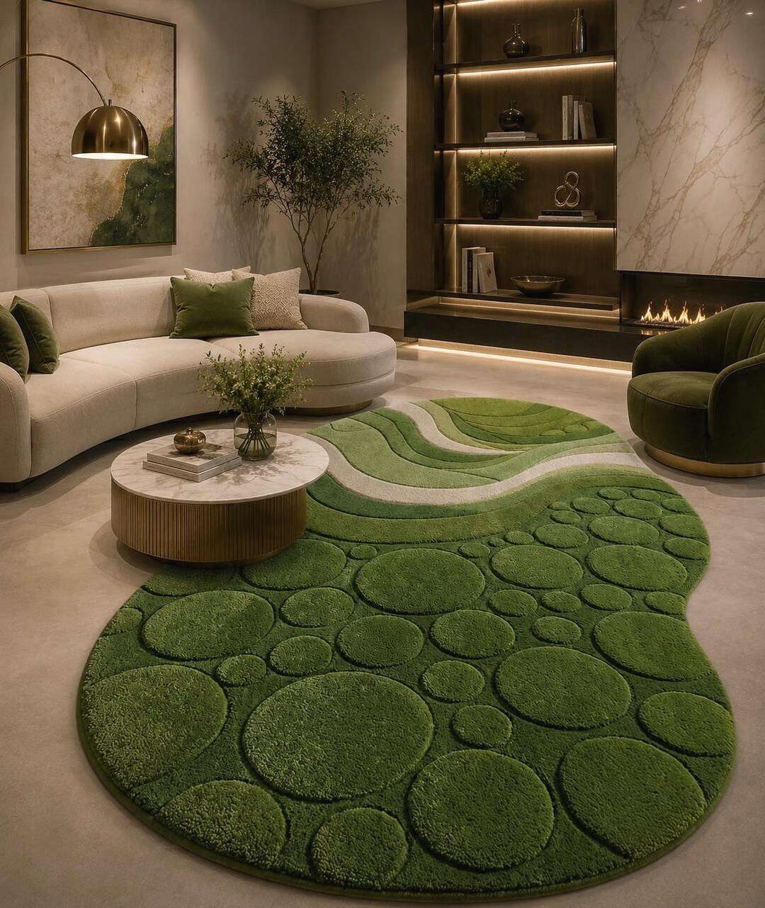 Luxury Moss Green Abstract Tufted Rug –organic Pebble Shape Area Carpet ...