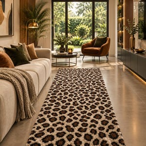 Könnte beinhalten: Ein rechteckiger Teppich mit einem sich wiederholenden Leopardenmuster in Dunkelbraun, Hellbraun und Creme. Der Teppich hat eine strukturierte, flauschige Oberfläche und liegt mittig auf einem glatten Boden in einem Wohnbereich.