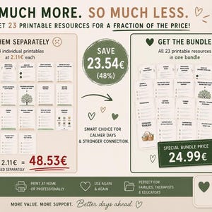 May include: A digital graphic comparing the cost of 23 individual printable resources at 2.11 dollars each versus a bundle for 24.99 dollars. The image displays text including SO MUCH MORE. SO MUCH LESS. and lists various printable resource titles.