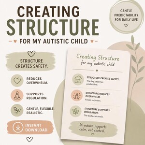 Può includere: Un'infografica con il titolo "Creare struttura per il mio bambino autistico". Il design presenta testo e icone che spiegano i vantaggi della struttura, tra cui sicurezza, riduzione del sovraccarico e supporto alla regolazione. È visibile anche la frase "Download istantaneo".