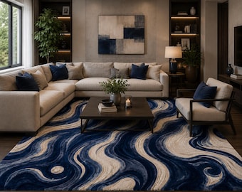 Modern Blue Wave Area Rug, Abstract Swirl Carpet, Navy Cream Living Room Floor Rug