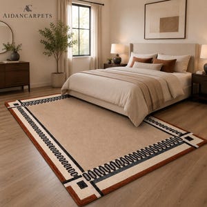 Designed for comfort and durability, this modern floor rug is soft underfoot while maintaining a sleek and polished appearance. The geometric border pattern adds artistic character without overwhelming the room, making it suitable for both large open spaces and compact interiors. Its timeless neutral tones allow effortless styling across all seasons and décor trends.