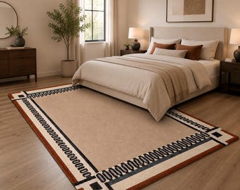 Modern Geometric Border Area Rug, Neutral Contemporary Living Room Carpet