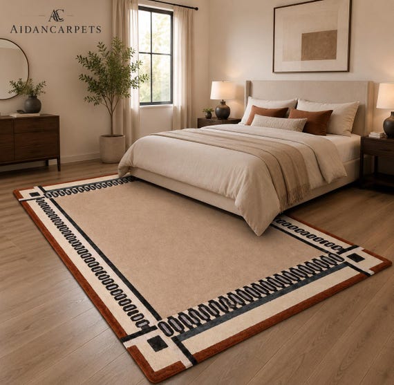 Modern Beige Border Area Rug, Geometric Minimalist Carpet, Neutral Contemporary Living Room Rug, Luxury Bedroom Floor Decor Rug