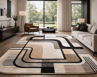 Modern Abstract Geometric Area Rug, Beige Black Cream Contemporary Carpet