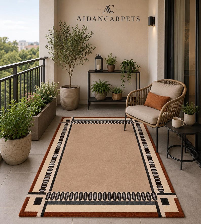 Designed for comfort and durability, this modern floor rug is soft underfoot while maintaining a sleek and polished appearance. The geometric border pattern adds artistic character without overwhelming the room, making it suitable for both large open spaces and compact interiors. Its timeless neutral tones allow effortless styling across all seasons and décor trends.