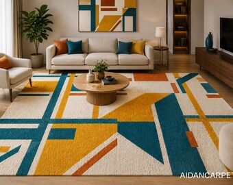 Geometric Playroom Rug – Teal, Yellow, Rust Abstract Scandinavian Carpet