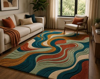Abstract Wave Area Rug – Earth Tone Mid-Century Modern Floor Decor