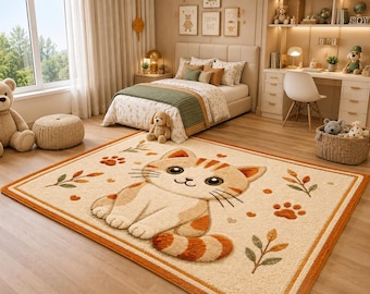 Handgeknüpfter, getufteter Teppich mit niedlichem Katzenmotiv, Kinderzimmerteppich aus neuseeländischer Wolle, Dekoration für Spielzimmer und Kinderzimmer, individueller Tierteppich