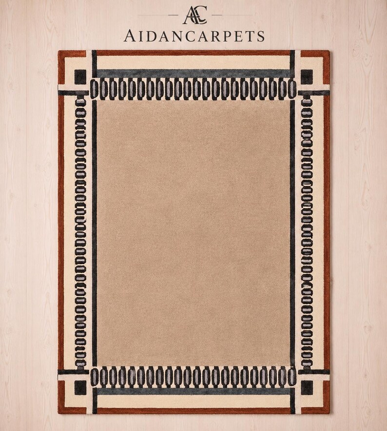 Designed for comfort and durability, this modern floor rug is soft underfoot while maintaining a sleek and polished appearance. The geometric border pattern adds artistic character without overwhelming the room, making it suitable for both large open spaces and compact interiors. Its timeless neutral tones allow effortless styling across all seasons and décor trends.
