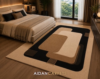 Modern Geometric Area Rug, Beige Black Abstract Carpet, Minimalist Living Room Rug